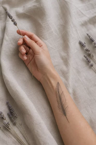 Feder-Tattoo am Unterarm neben getrockneten Blumen