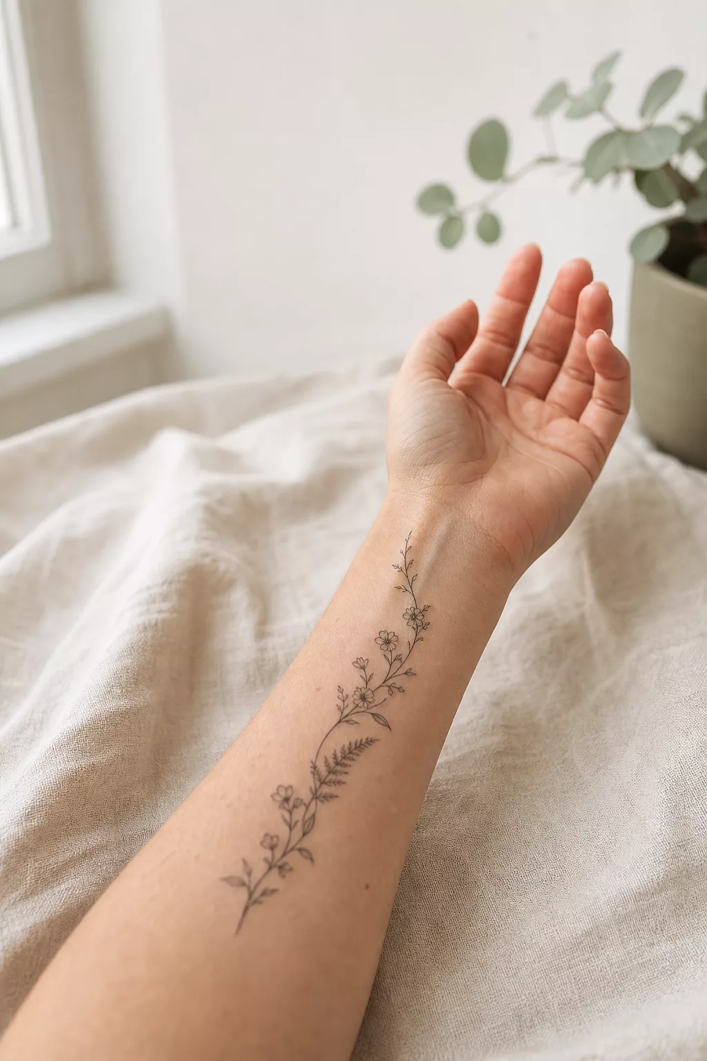 Feines Blumen-Tattoo an der Innenseite des Unterarms