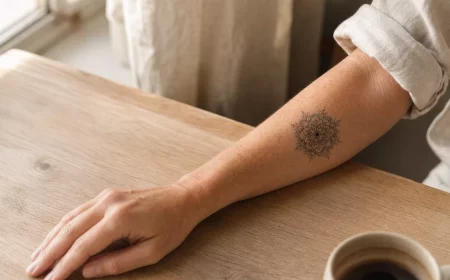 Unterarm Tattoo Frau mit filigranem Mandala-Motiv im Morgenlicht