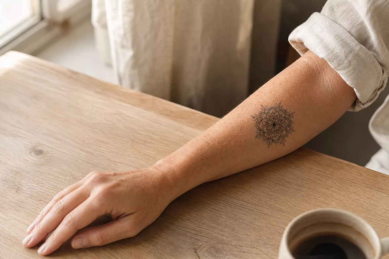Unterarm Tattoo Frau mit filigranem Mandala-Motiv im Morgenlicht