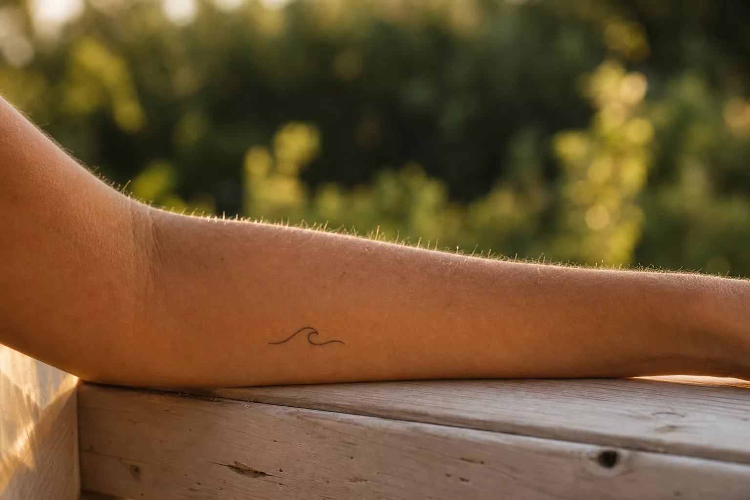 Minimalistisches Wellen-Tattoo am Unterarm im Freien