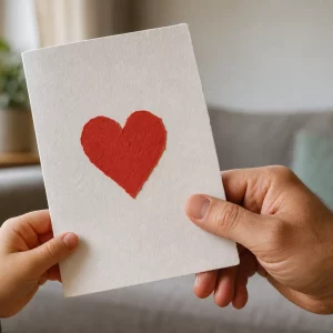 Kind und Vater halten gemeinsam selbstgebasteltes Vatertagsgeschenk mit Herz