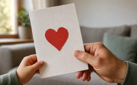 Kind und Vater halten gemeinsam selbstgebasteltes Vatertagsgeschenk mit Herz