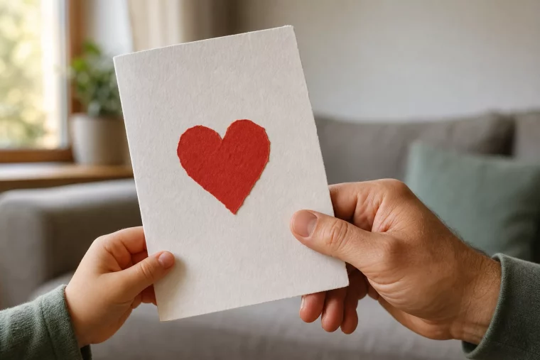 Kind und Vater halten gemeinsam selbstgebasteltes Vatertagsgeschenk mit Herz