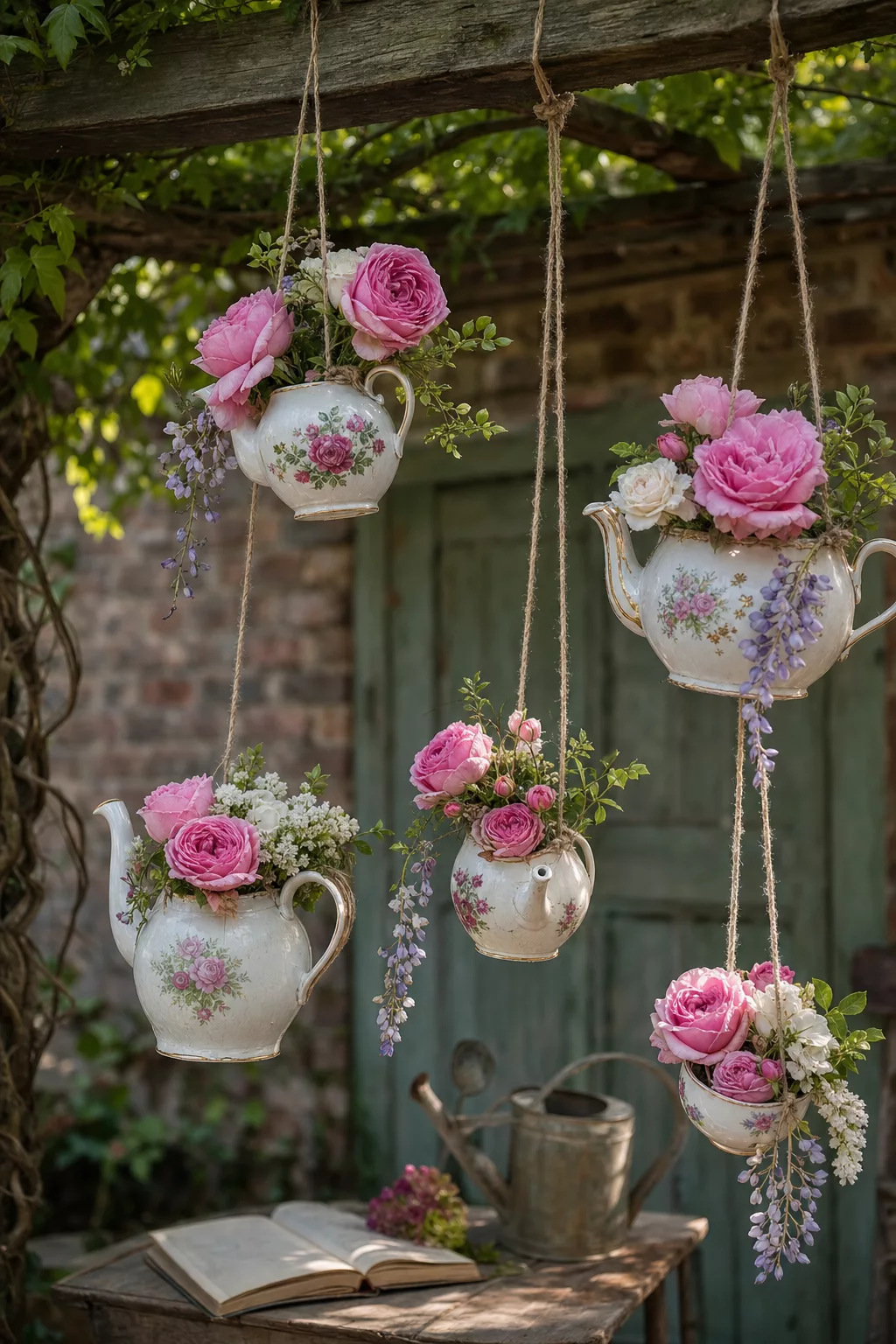 Vintage-Teekannen hängen an einem Ast, bepflanzt mit Rosen