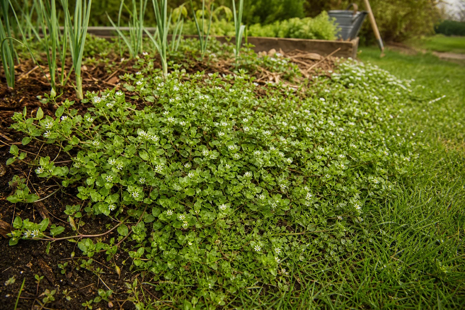 Vogelmiere wächst dicht am sonnigen Rand des Gartenbeets