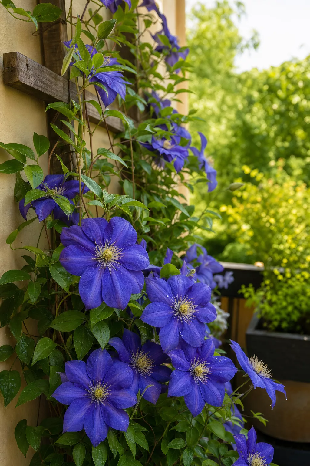 Blauviolette Clematis rankt an einem Rankgitter auf dem Balkon