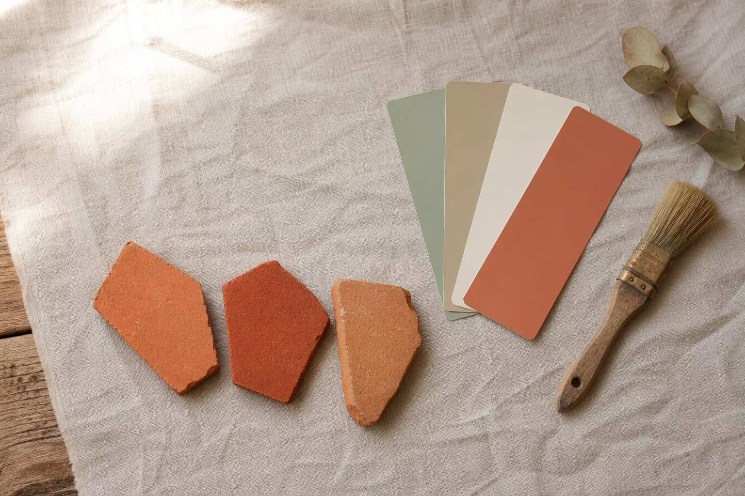 Farbmuster und Materialproben für die passende Wandfarbe zu Terracotta Fliesen