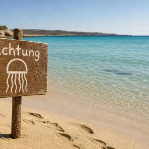 Provisorisches Warnschild vor Quallen am Mittelmeerstrand