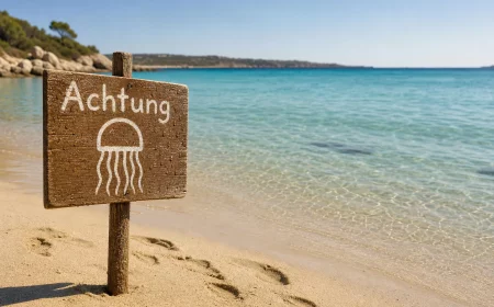Provisorisches Warnschild vor Quallen am Mittelmeerstrand