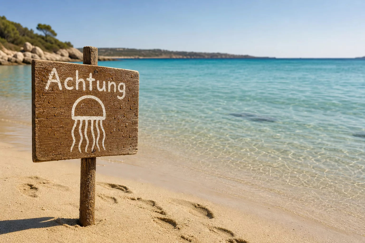 Provisorisches Warnschild vor Quallen am Mittelmeerstrand