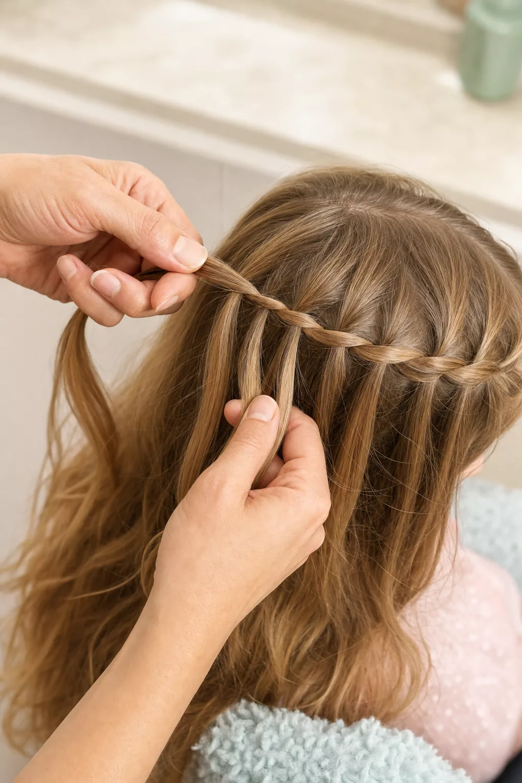 Hände flechten einen Wasserfallzopf in Kinderhaar