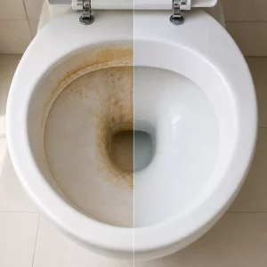 Toilettenschüssel im Vergleich vor und nach der Reinigung mit Salzsäure gegen Urinstein