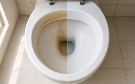 Toilettenschüssel im Vergleich vor und nach der Reinigung mit Salzsäure gegen Urinstein