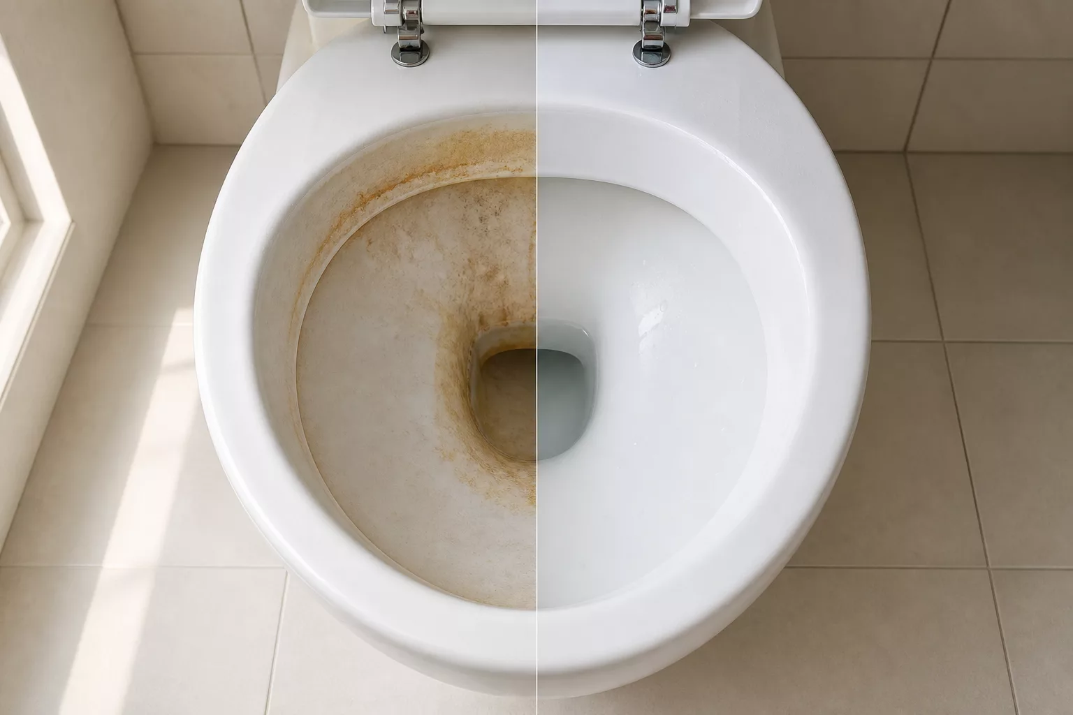 Toilettenschüssel im Vergleich vor und nach der Reinigung mit Salzsäure gegen Urinstein