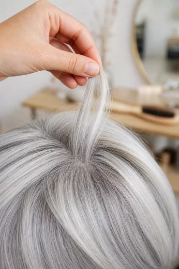 Hand hebt eine Strähne für kühles Hair-Frosting im weißen Haar an