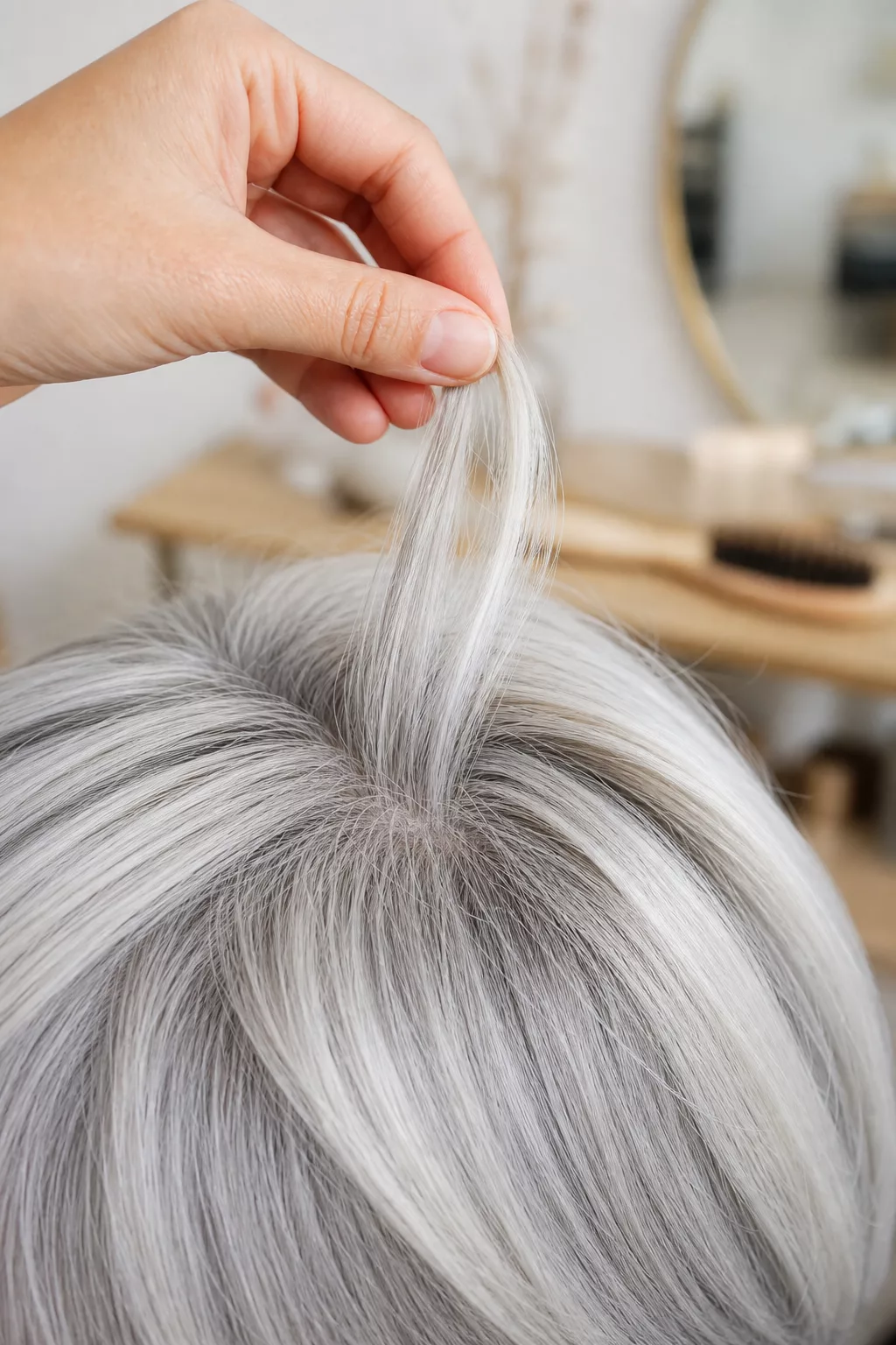 Hand hebt eine Strähne für kühles Hair-Frosting im weißen Haar an