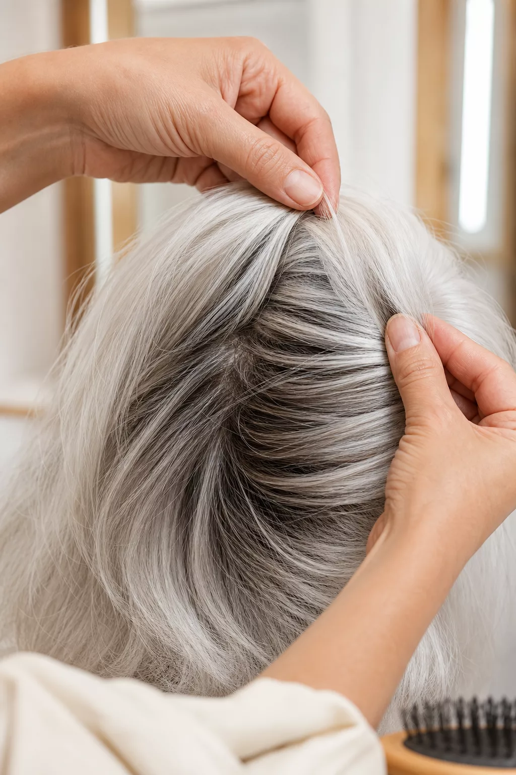 Hände teilen weißes Haar und zeigen dunklere Lowlights für mehr Fülle