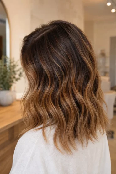 Welliger Lob mit dimensionaler Balayage und tiefem Seitenscheitel