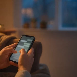 Hände tippen abends eine WhatsApp Status-Nachricht auf dem Smartphone