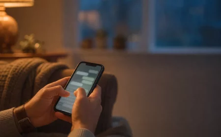 Hände tippen abends eine WhatsApp Status-Nachricht auf dem Smartphone
