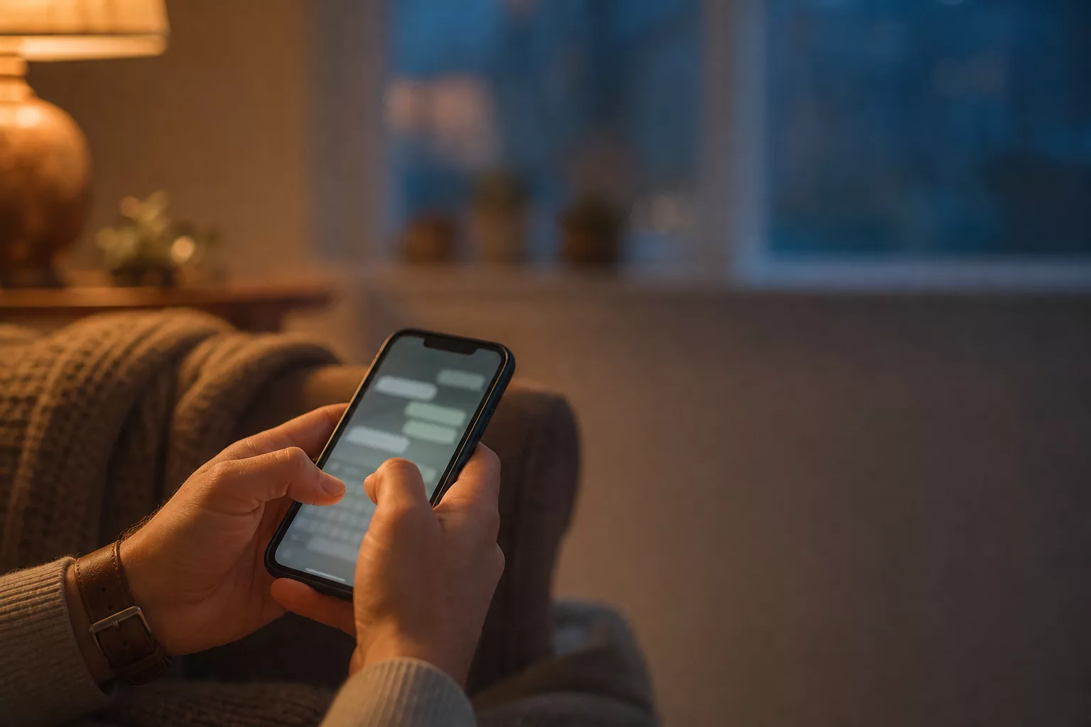Hände tippen abends eine WhatsApp Status-Nachricht auf dem Smartphone