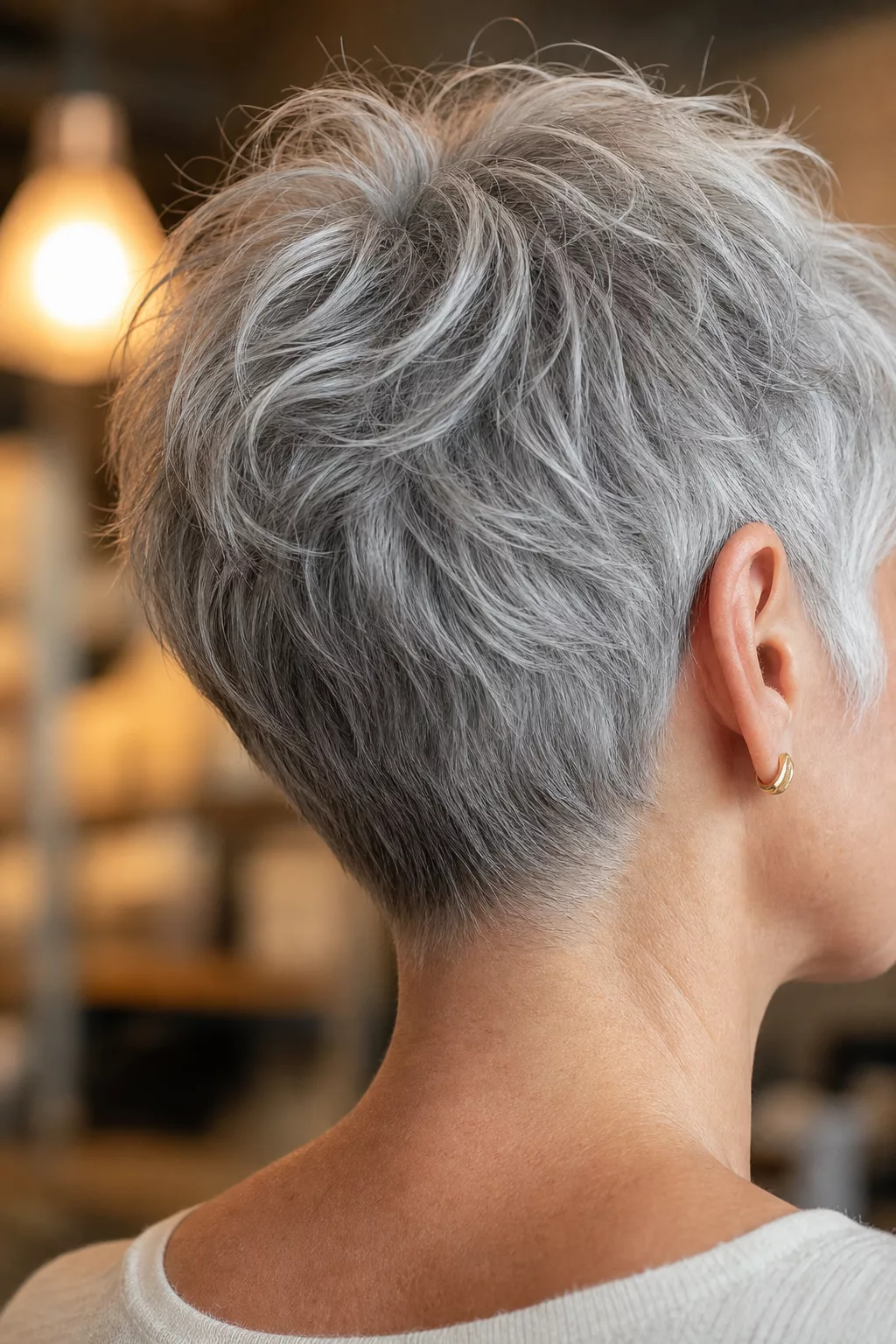 Whisper Pixie in Silberblond, sanfter Kurzhaarschnitt