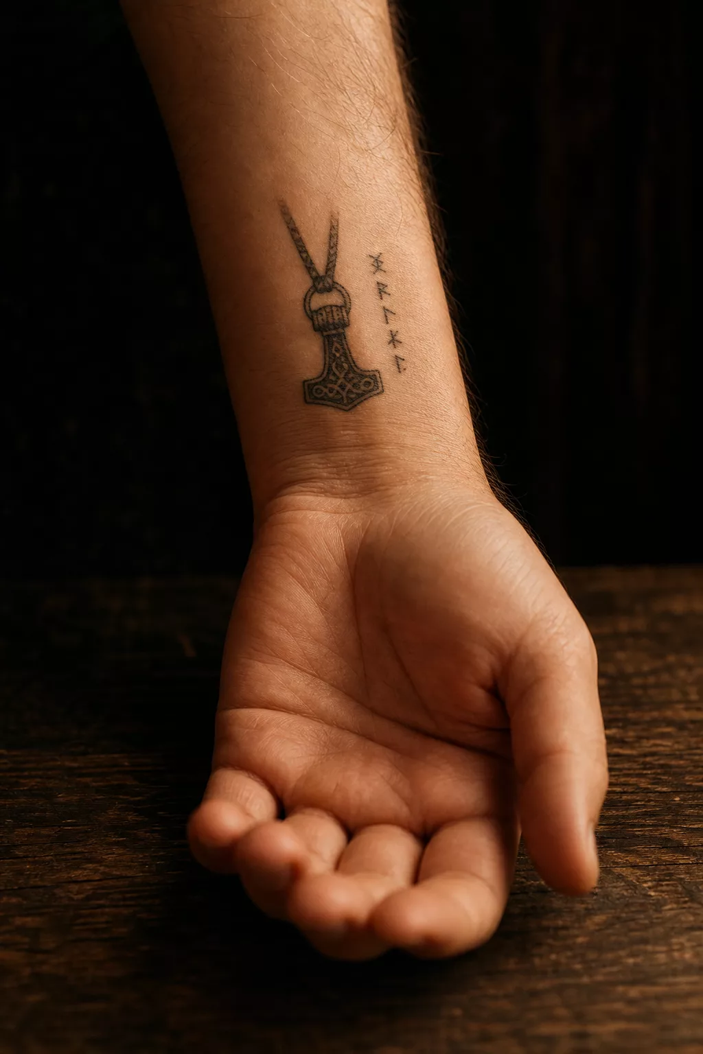 Mjölnir-Hammer-Tattoo am Handgelenk mit Runen
