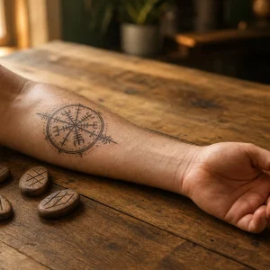 Wikinger Symbole Tattoo am Unterarm neben Runensteinen aus Holz