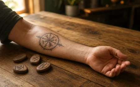 Wikinger Symbole Tattoo am Unterarm neben Runensteinen aus Holz