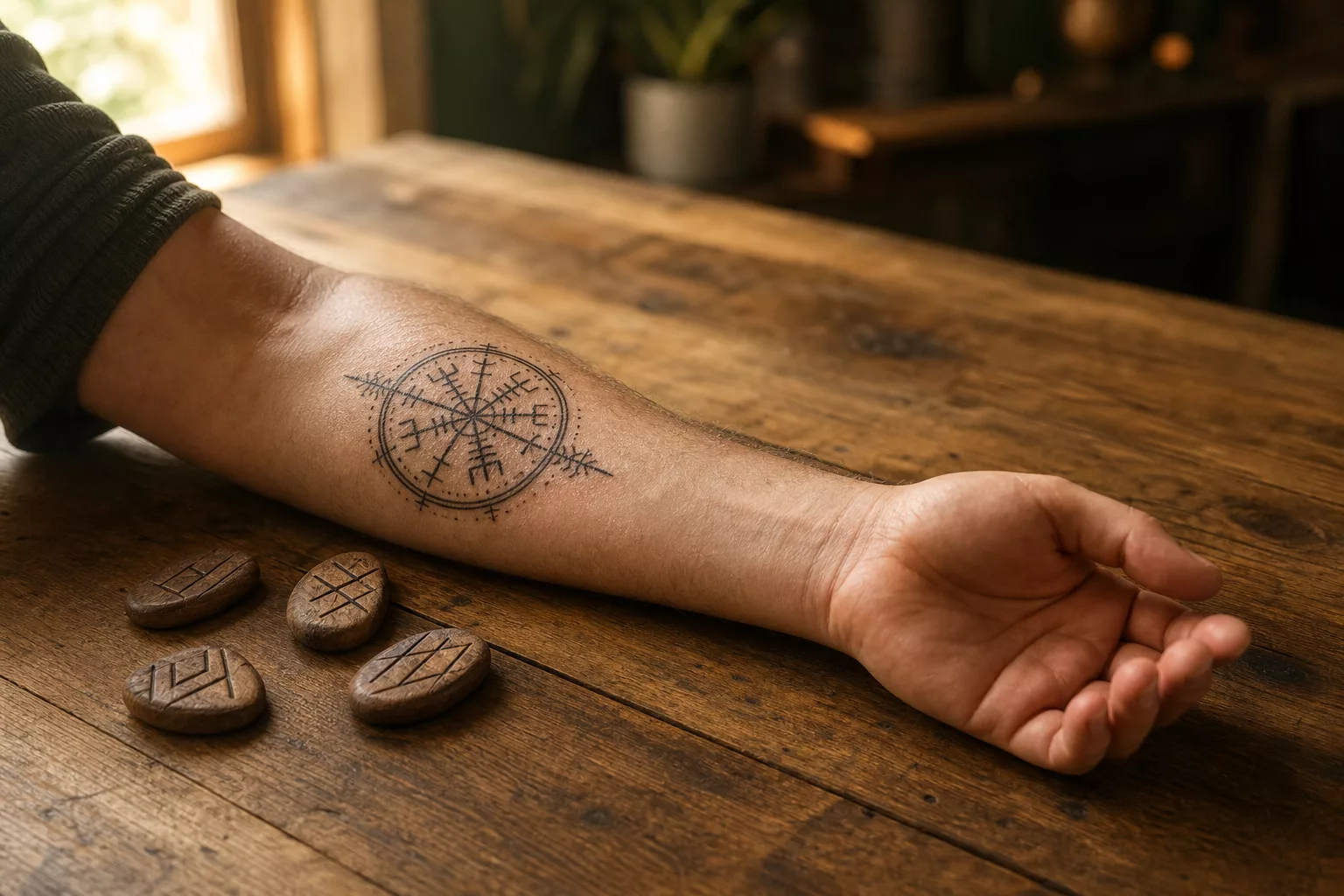 Wikinger Symbole Tattoo am Unterarm neben Runensteinen aus Holz