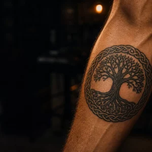 Wikinger Tattoo mit Yggdrasil-Weltenbaum am muskulösen Unterarm