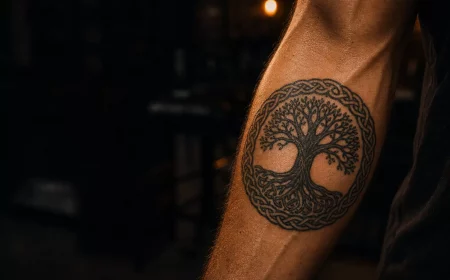 Wikinger Tattoo mit Yggdrasil-Weltenbaum am muskulösen Unterarm