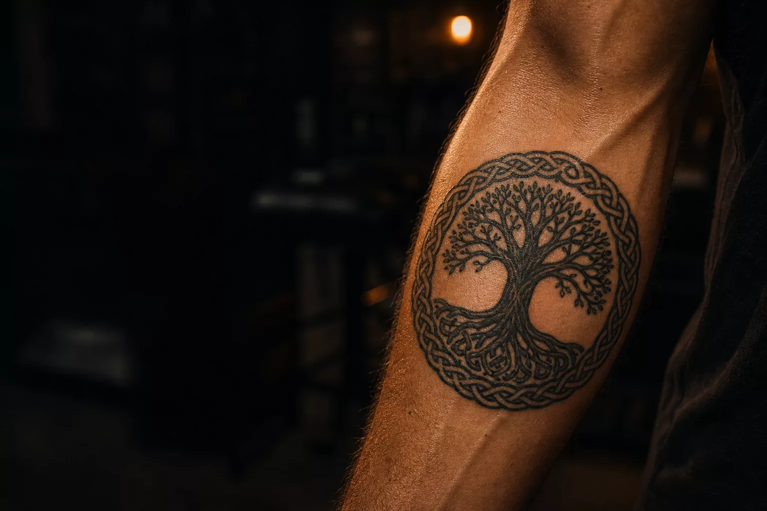 Wikinger Tattoo mit Yggdrasil-Weltenbaum am muskulösen Unterarm