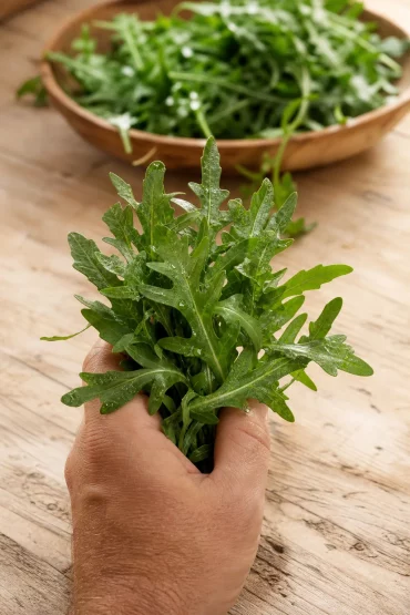 Hand hält frische Rucola-Blätter nah an die Nase für den Geruchstest
