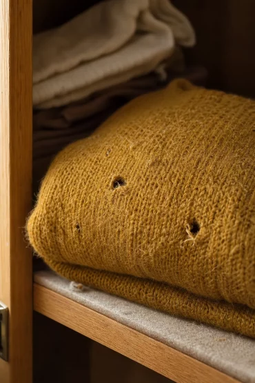 Wollpullover mit kleinen Löchern durch Käferbefall im Kleiderschrank
