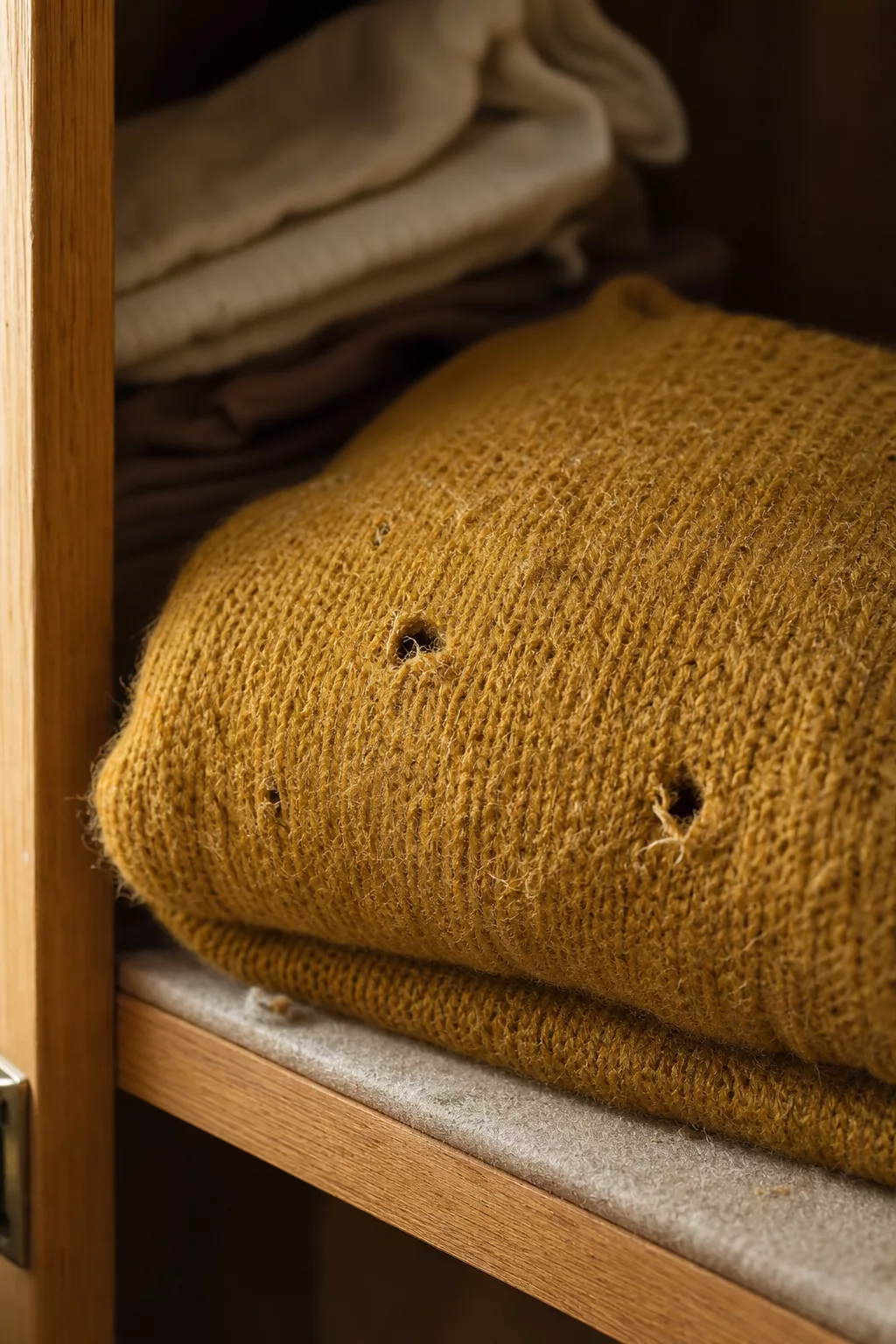 Wollpullover mit kleinen Löchern durch Käferbefall im Kleiderschrank