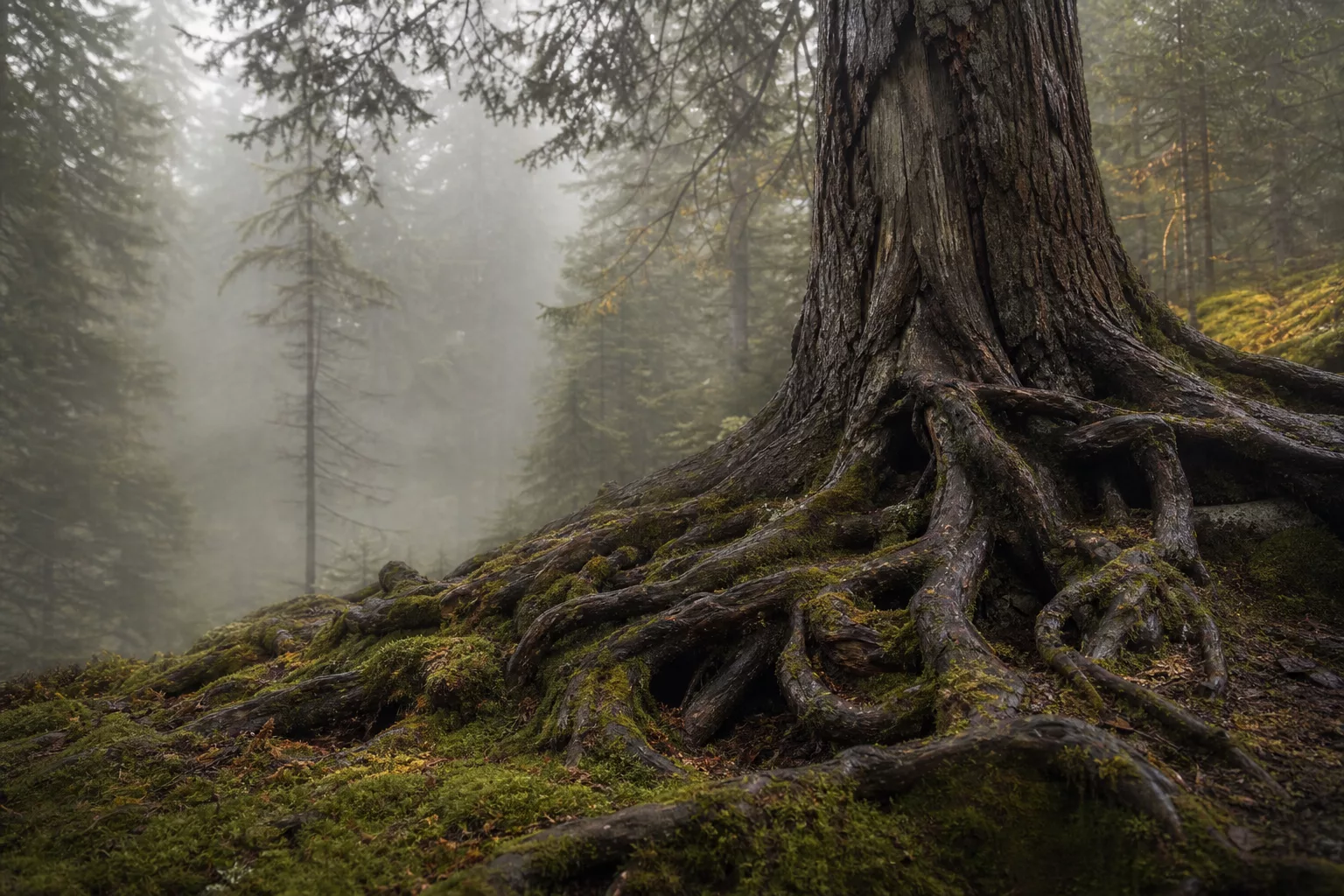 Knorriger alter Baum mit freiliegenden Wurzeln im Nebelwald