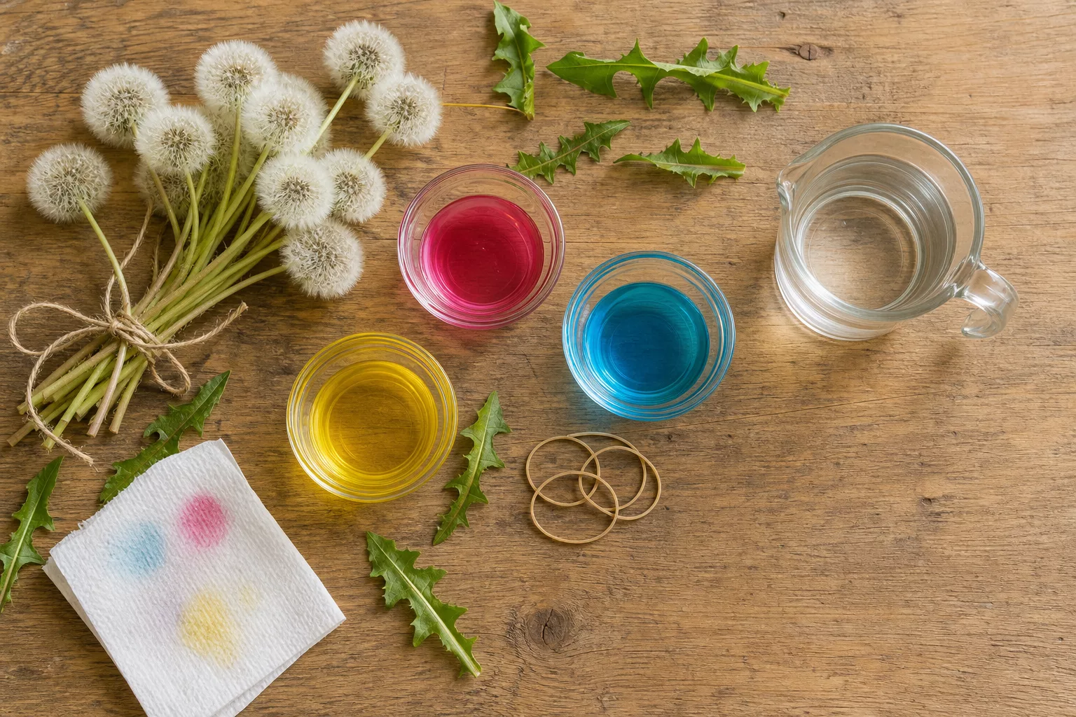 Zutaten zum Pusteblumen färben: Farbe, Wasser und Samenstände