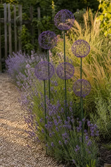 Draht-Allium in unterschiedlichen Höhen zwischen Lavendel im Beet