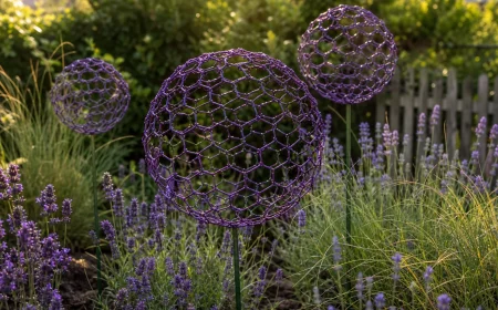 Allium aus Draht selber machen: violette Drahtkugeln im Gartenbeet