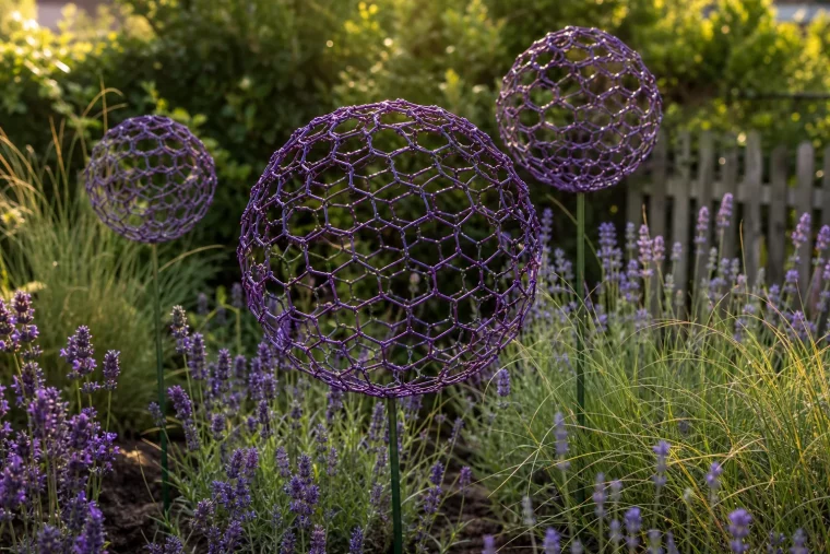 Allium aus Draht selber machen: violette Drahtkugeln im Gartenbeet