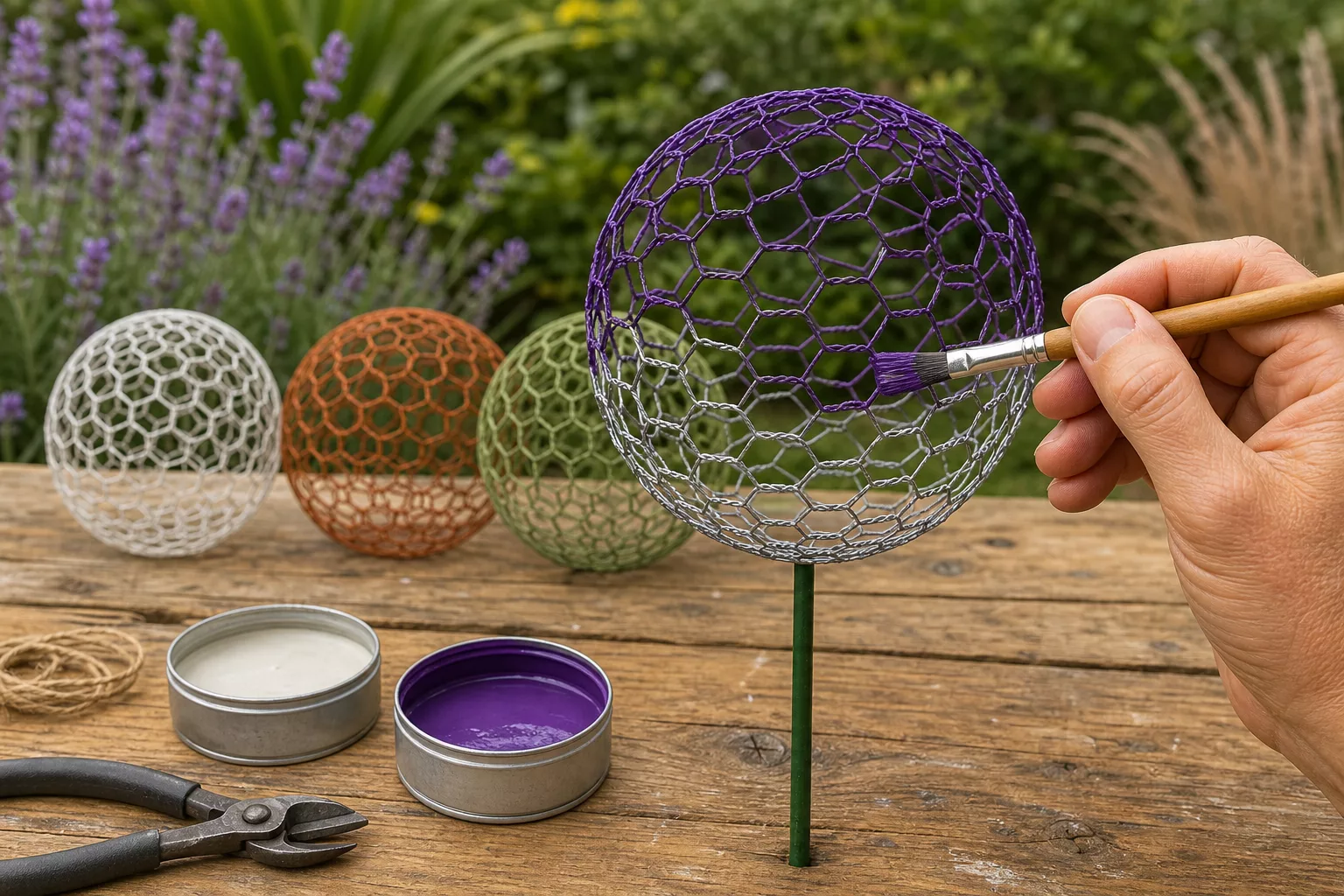 Hand lackiert eine Draht-Allium-Kugel violett neben weiteren Farbtönen