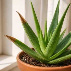 Aloe-vera-Pflanze wird braun: verfärbte Blattspitzen im Kontrast zu gesunden Blättern