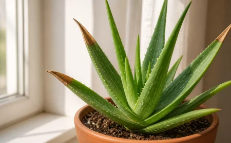 Aloe-vera-Pflanze wird braun: verfärbte Blattspitzen im Kontrast zu gesunden Blättern