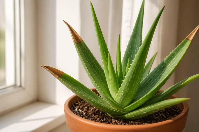 Aloe-vera-Pflanze wird braun: verfärbte Blattspitzen im Kontrast zu gesunden Blättern