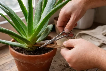 Hände schneiden ein braunes, beschädigtes Aloe-vera-Blatt mit einer Schere ab