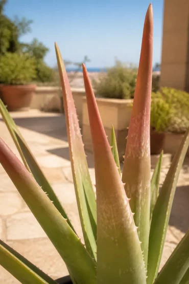 Aloe-vera-Blätter mit rötlich-braunen Sonnenbrand-Flecken im hellen Licht