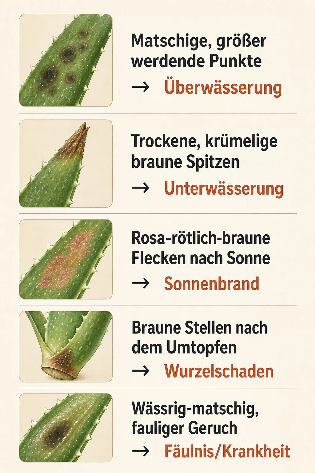 Infografik: fünf Symptomtypen bei brauner Aloe vera und ihre Ursachen