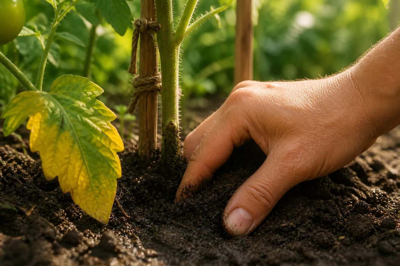 Hand testet Bodenfeuchtigkeit mit dem Daumen im Tomatenbeet